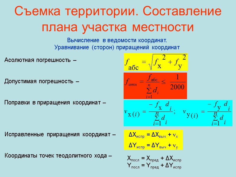Съемка территории. Составление плана участка местности Вычисление в ведомости координат. Уравнивание (сторон) приращений координат